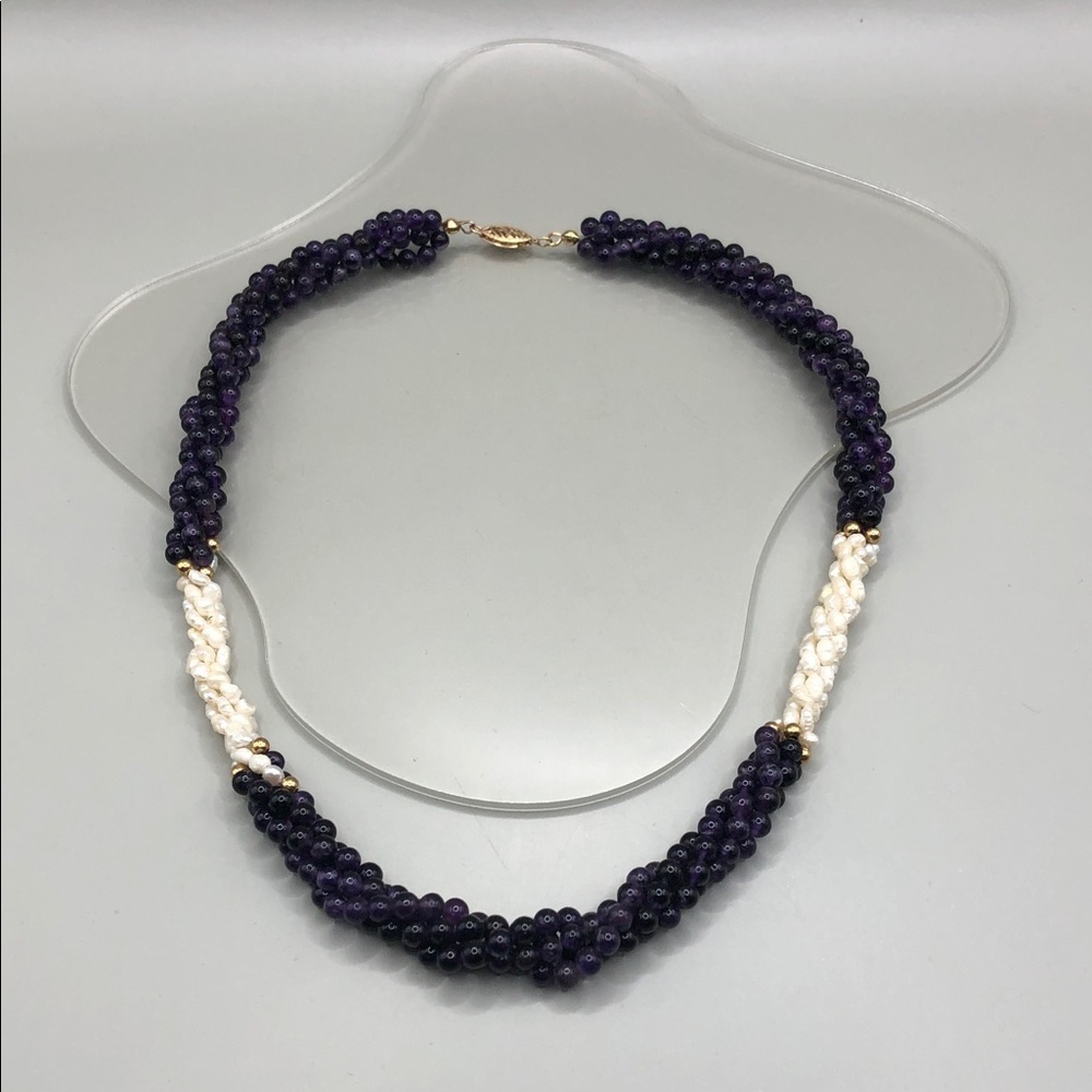 Vintage amethyst gemstone rice pearls woven necklace 14k gold clasp and beads.